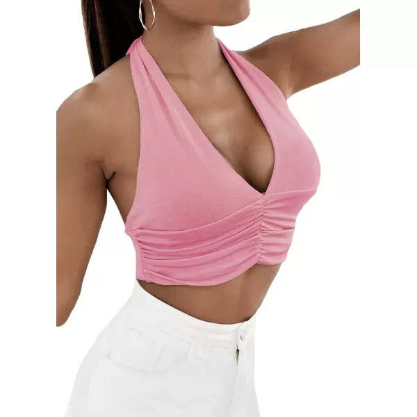LYANER Women's Deep V Neck Halter Crop Top Tie Back Sleeveless Backless Cami