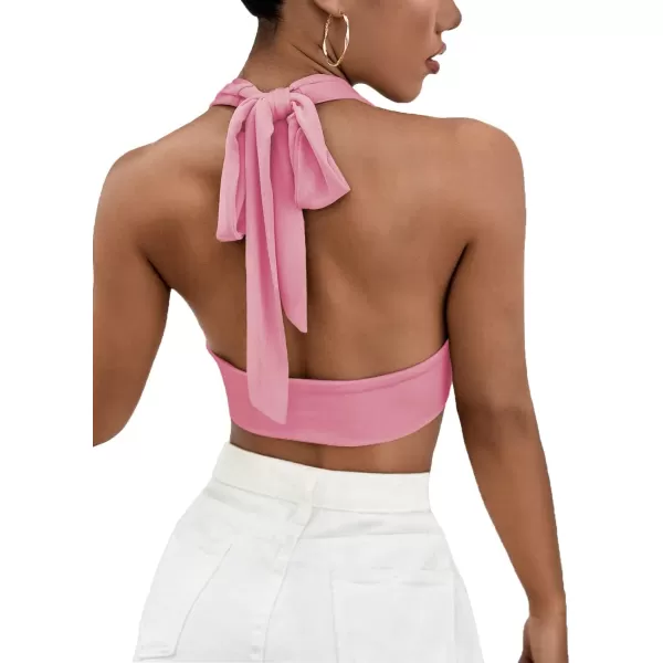 LYANER Women's Deep V Neck Halter Crop Top Tie Back Sleeveless Backless Cami
