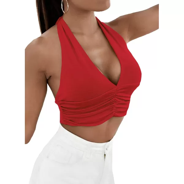 LYANER Women's Deep V Neck Halter Crop Top Tie Back Sleeveless Backless Cami