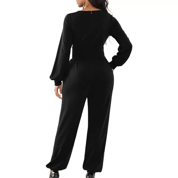 LYANER Women's Deep V Neck Long Sleeve Wrap Front Jumpsuit Pant Cocktail Party Romper
