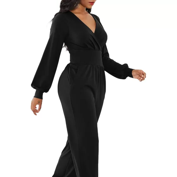 LYANER Women's Deep V Neck Long Sleeve Wrap Front Jumpsuit Pant Cocktail Party Romper
