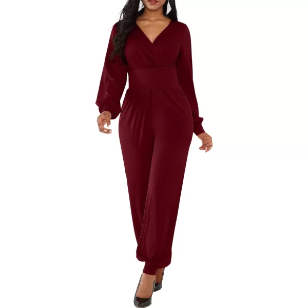 LYANER Women's Deep V Neck Long Sleeve Wrap Front Jumpsuit Pant Cocktail Party Romper