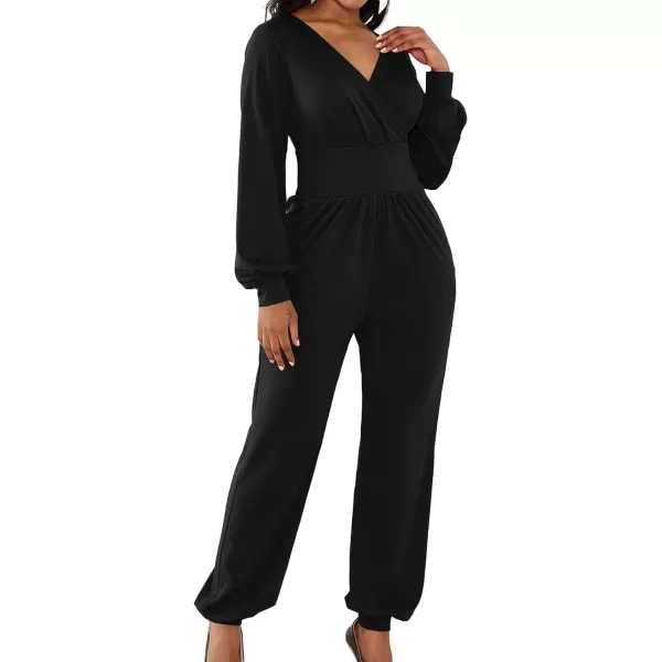 LYANER Women's Deep V Neck Long Sleeve Wrap Front Jumpsuit Pant Cocktail Party Romper