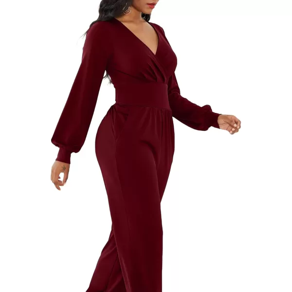 LYANER Women's Deep V Neck Long Sleeve Wrap Front Jumpsuit Pant Cocktail Party Romper