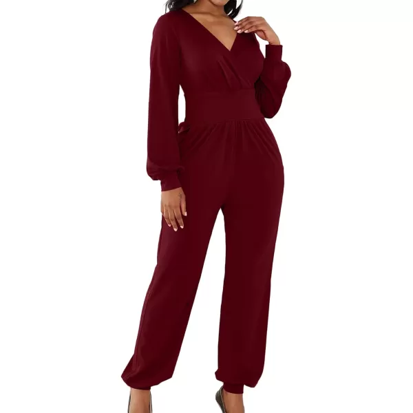 LYANER Women's Deep V Neck Long Sleeve Wrap Front Jumpsuit Pant Cocktail Party Romper