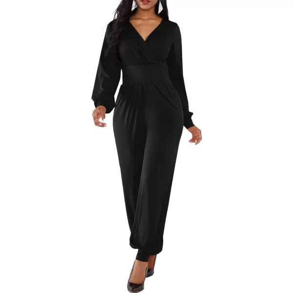 LYANER Women's Deep V Neck Long Sleeve Wrap Front Jumpsuit Pant Cocktail Party Romper