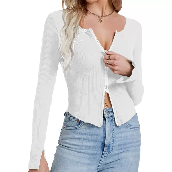 LYANER Women's Deep V Neck Rib Knit Zipper Front Split Slit Long Sleeve Top Tee Shirt