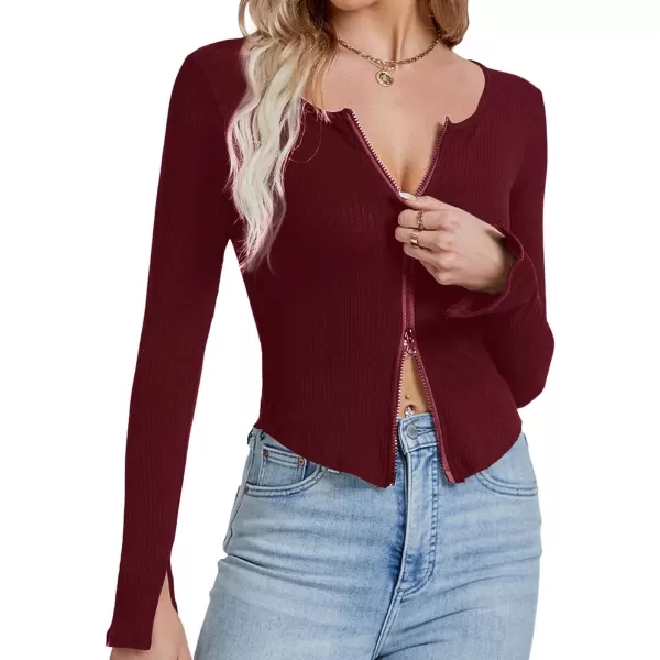 LYANER Women's Deep V Neck Rib Knit Zipper Front Split Slit Long Sleeve Top Tee Shirt