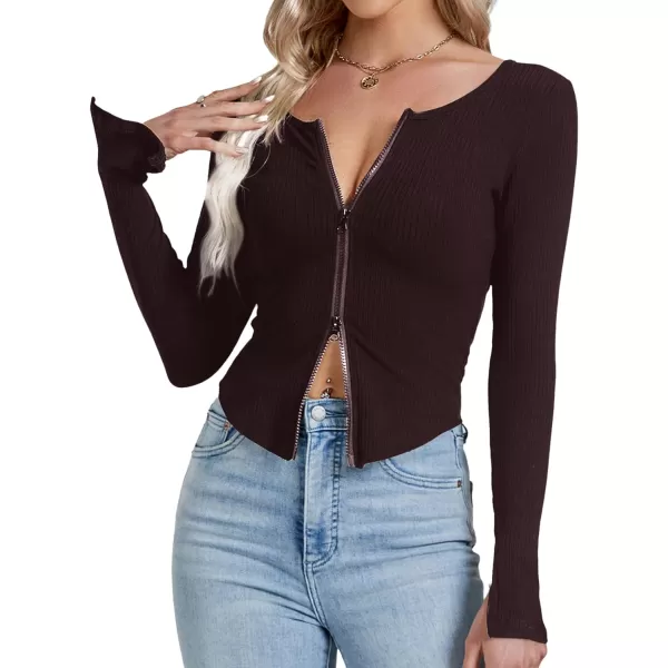 LYANER Women's Deep V Neck Rib Knit Zipper Front Split Slit Long Sleeve Top Tee Shirt