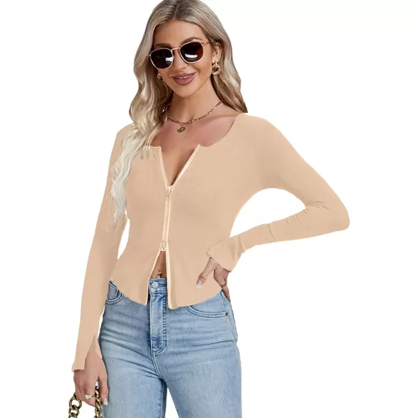 LYANER Women's Deep V Neck Rib Knit Zipper Front Split Slit Long Sleeve Top Tee Shirt