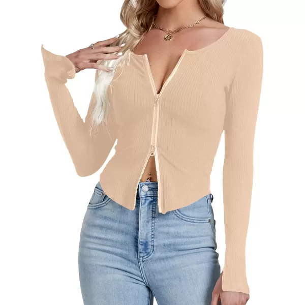 LYANER Women's Deep V Neck Rib Knit Zipper Front Split Slit Long Sleeve Top Tee Shirt
