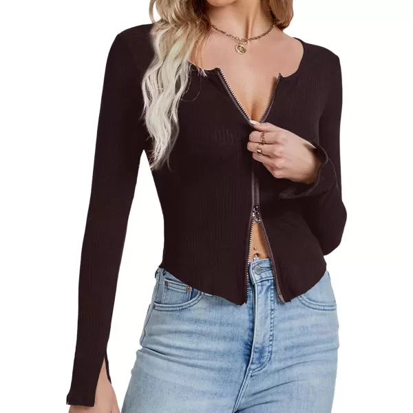LYANER Women's Deep V Neck Rib Knit Zipper Front Split Slit Long Sleeve Top Tee Shirt
