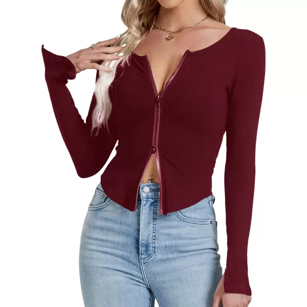 LYANER Women's Deep V Neck Rib Knit Zipper Front Split Slit Long Sleeve Top Tee Shirt