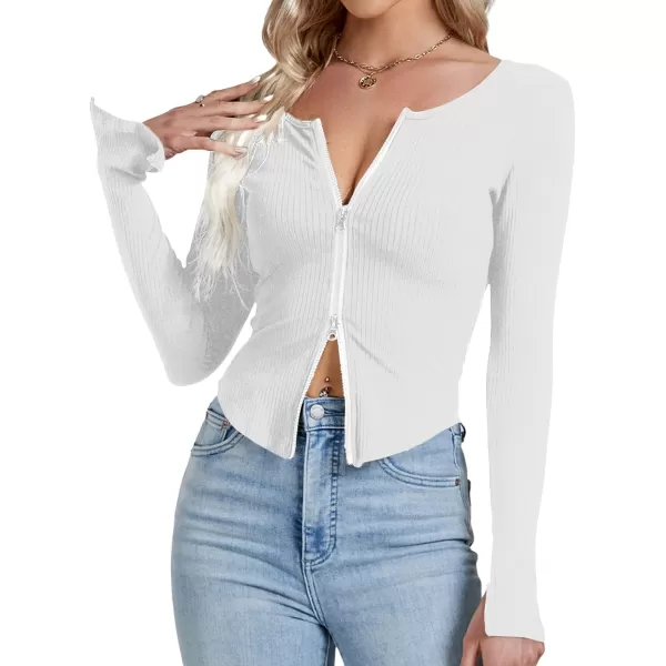LYANER Women's Deep V Neck Rib Knit Zipper Front Split Slit Long Sleeve Top Tee Shirt