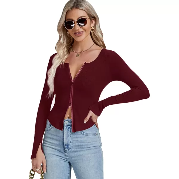 LYANER Women's Deep V Neck Rib Knit Zipper Front Split Slit Long Sleeve Top Tee Shirt