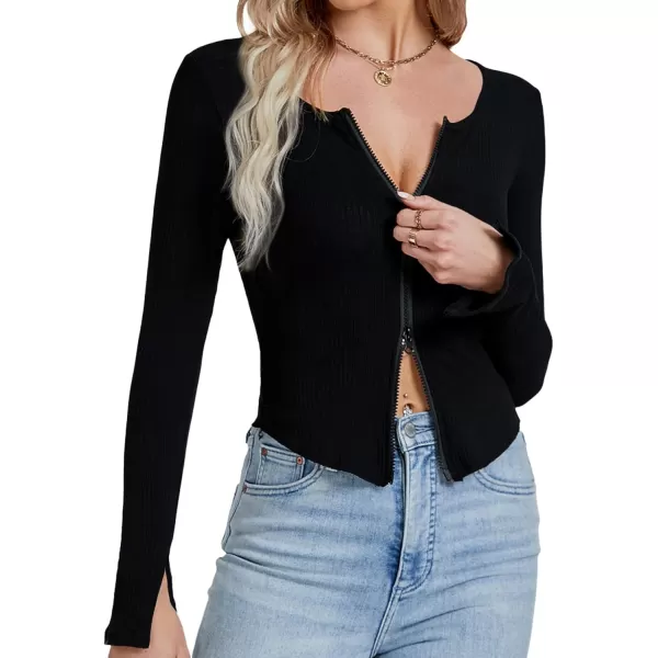 LYANER Women's Deep V Neck Rib Knit Zipper Front Split Slit Long Sleeve Top Tee Shirt