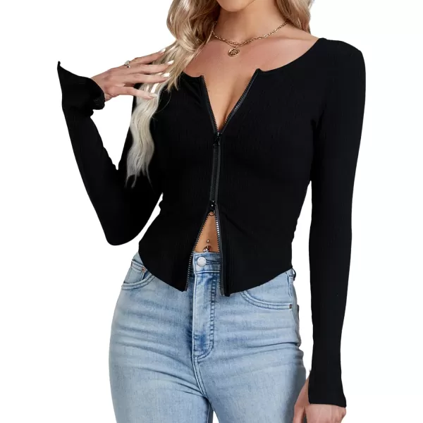 LYANER Women's Deep V Neck Rib Knit Zipper Front Split Slit Long Sleeve Top Tee Shirt