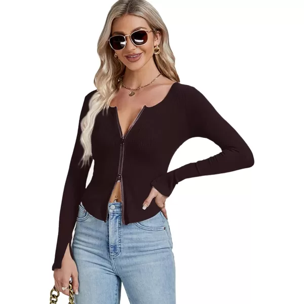 LYANER Women's Deep V Neck Rib Knit Zipper Front Split Slit Long Sleeve Top Tee Shirt
