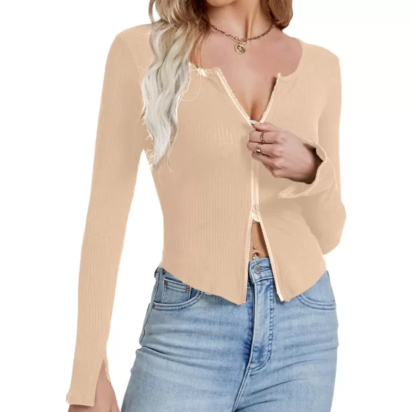 LYANER Women's Deep V Neck Rib Knit Zipper Front Split Slit Long Sleeve Top Tee Shirt