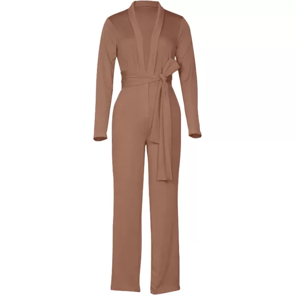 LYANER Women's Deep V Neck Shawl Collar Long Sleeve Pant with Pockets Waist Tie Romper Blazer Jumpsuit