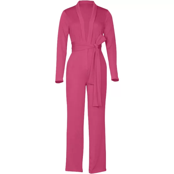 LYANER Women's Deep V Neck Shawl Collar Long Sleeve Pant with Pockets Waist Tie Romper Blazer Jumpsuit