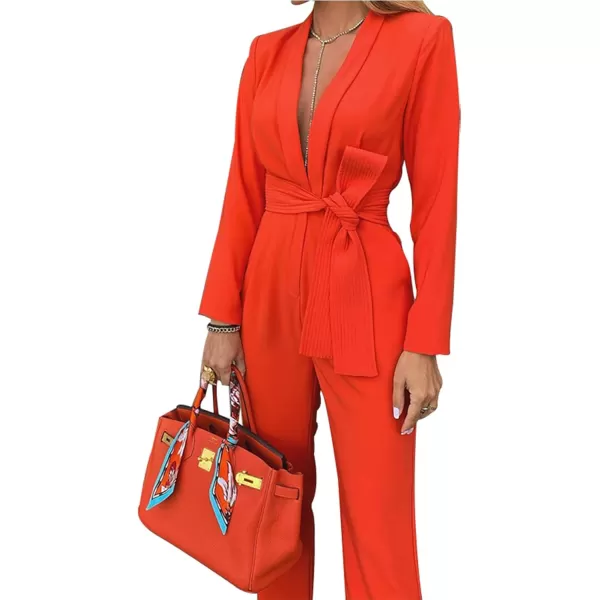 LYANER Women's Deep V Neck Shawl Collar Long Sleeve Pant with Pockets Waist Tie Romper Blazer Jumpsuit