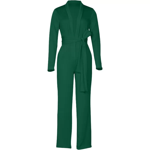 LYANER Women's Deep V Neck Shawl Collar Long Sleeve Pant with Pockets Waist Tie Romper Blazer Jumpsuit
