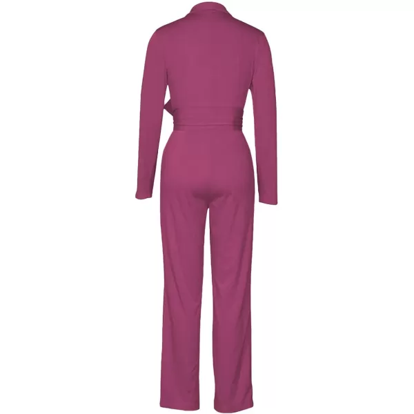 LYANER Women's Deep V Neck Shawl Collar Long Sleeve Pant with Pockets Waist Tie Romper Blazer Jumpsuit