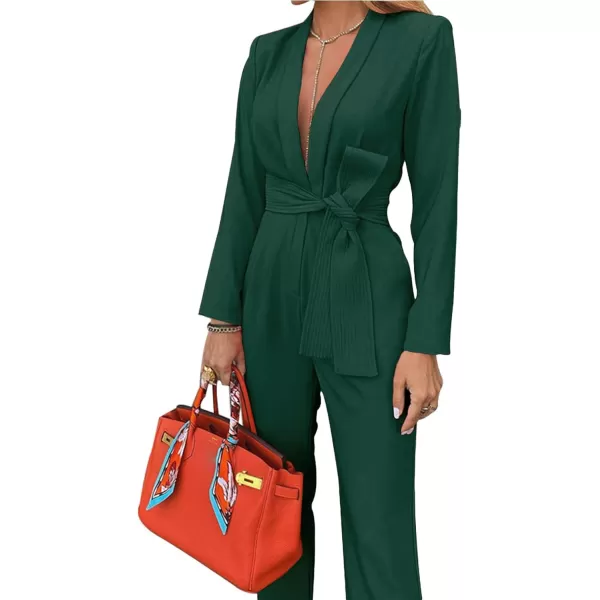 LYANER Women's Deep V Neck Shawl Collar Long Sleeve Pant with Pockets Waist Tie Romper Blazer Jumpsuit