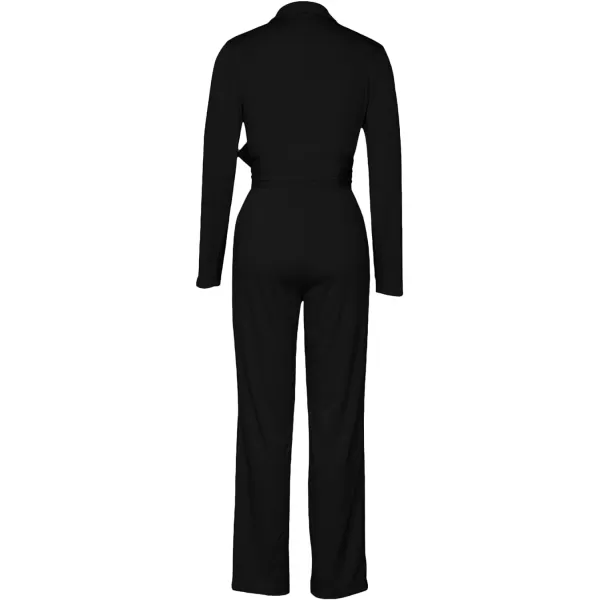LYANER Women's Deep V Neck Shawl Collar Long Sleeve Pant with Pockets Waist Tie Romper Blazer Jumpsuit