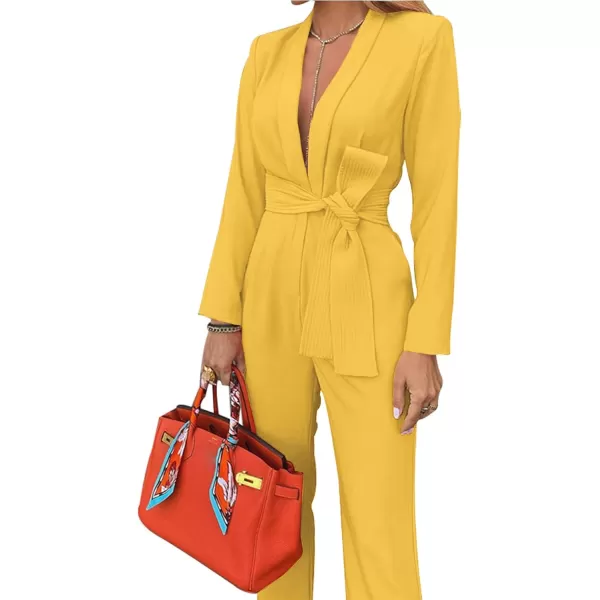 LYANER Women's Deep V Neck Shawl Collar Long Sleeve Pant with Pockets Waist Tie Romper Blazer Jumpsuit