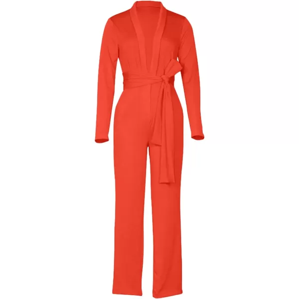LYANER Women's Deep V Neck Shawl Collar Long Sleeve Pant with Pockets Waist Tie Romper Blazer Jumpsuit