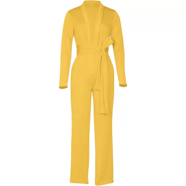 LYANER Women's Deep V Neck Shawl Collar Long Sleeve Pant with Pockets Waist Tie Romper Blazer Jumpsuit