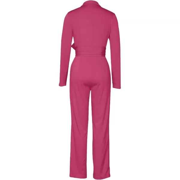 LYANER Women's Deep V Neck Shawl Collar Long Sleeve Pant with Pockets Waist Tie Romper Blazer Jumpsuit