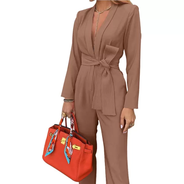LYANER Women's Deep V Neck Shawl Collar Long Sleeve Pant with Pockets Waist Tie Romper Blazer Jumpsuit