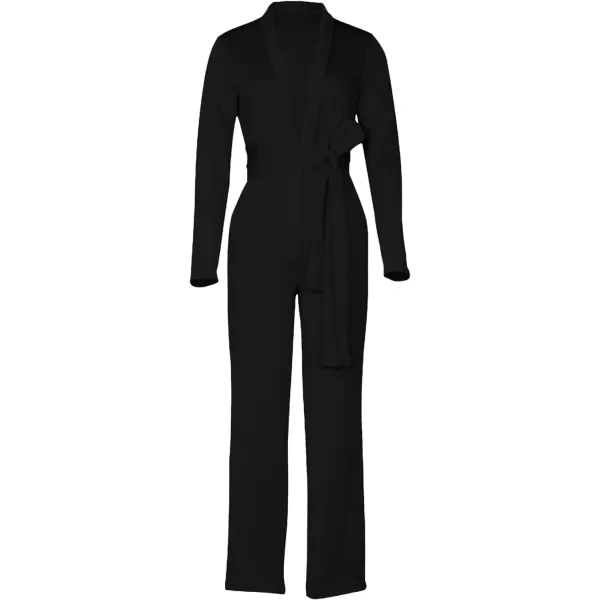 LYANER Women's Deep V Neck Shawl Collar Long Sleeve Pant with Pockets Waist Tie Romper Blazer Jumpsuit