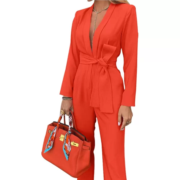 LYANER Women's Deep V Neck Shawl Collar Long Sleeve Pant with Pockets Waist Tie Romper Blazer Jumpsuit