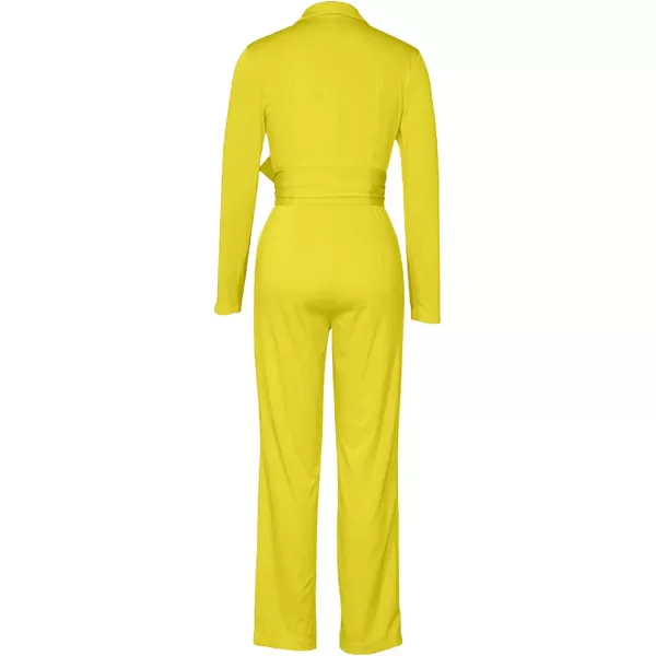 LYANER Women's Deep V Neck Shawl Collar Long Sleeve Pant with Pockets Waist Tie Romper Blazer Jumpsuit