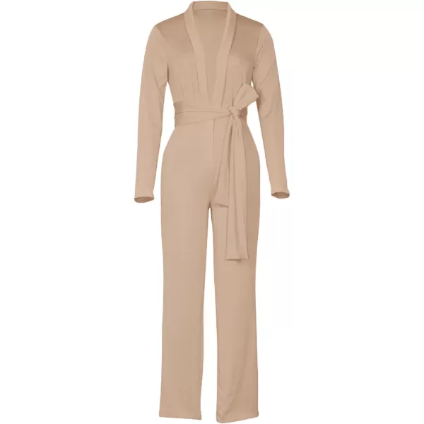 LYANER Women's Deep V Neck Shawl Collar Long Sleeve Pant with Pockets Waist Tie Romper Blazer Jumpsuit