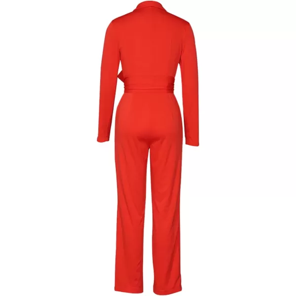 LYANER Women's Deep V Neck Shawl Collar Long Sleeve Pant with Pockets Waist Tie Romper Blazer Jumpsuit