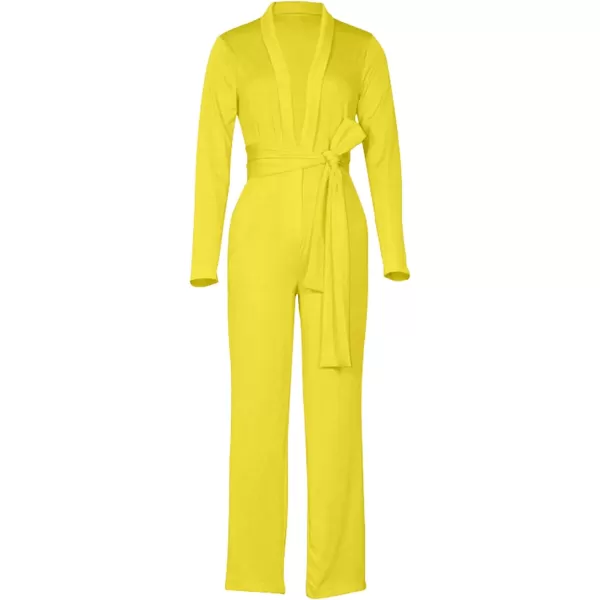 LYANER Women's Deep V Neck Shawl Collar Long Sleeve Pant with Pockets Waist Tie Romper Blazer Jumpsuit