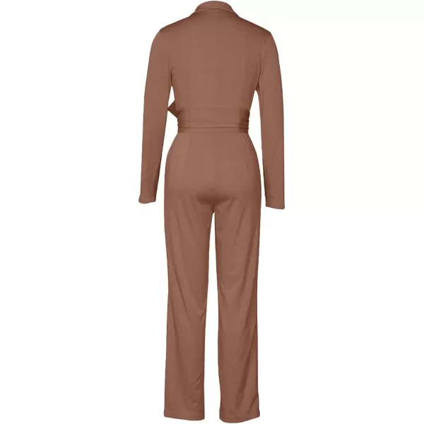 LYANER Women's Deep V Neck Shawl Collar Long Sleeve Pant with Pockets Waist Tie Romper Blazer Jumpsuit