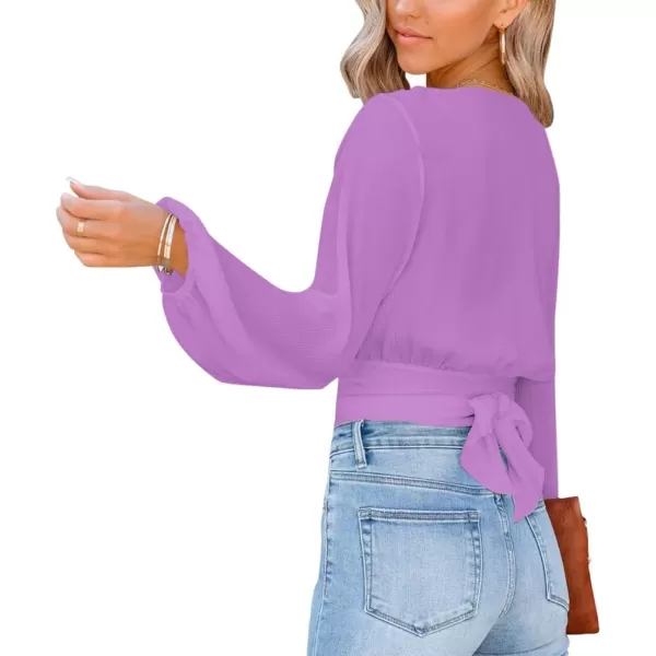 LYANER Women's Deep V Neck Tie Front Knot Long Sleeve Sexy Wrap Crop Top Blouse