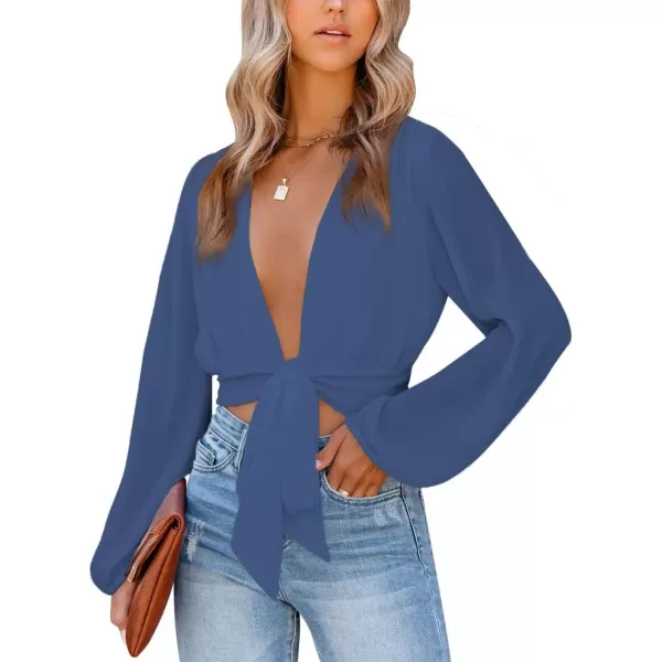 LYANER Women's Deep V Neck Tie Front Knot Long Sleeve Sexy Wrap Crop Top Blouse