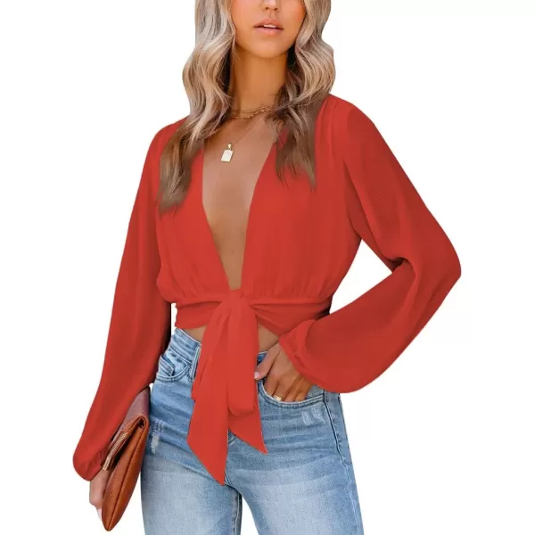 LYANER Women's Deep V Neck Tie Front Knot Long Sleeve Sexy Wrap Crop Top Blouse
