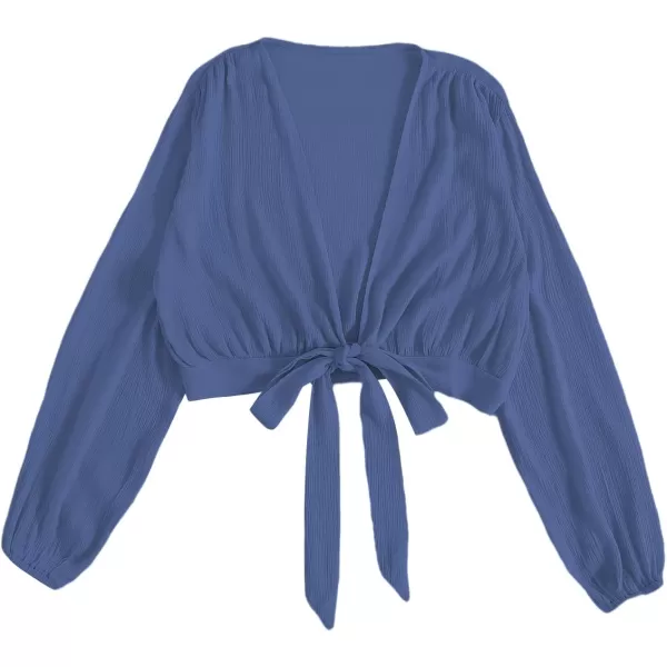 LYANER Women's Deep V Neck Tie Front Knot Long Sleeve Sexy Wrap Crop Top Blouse
