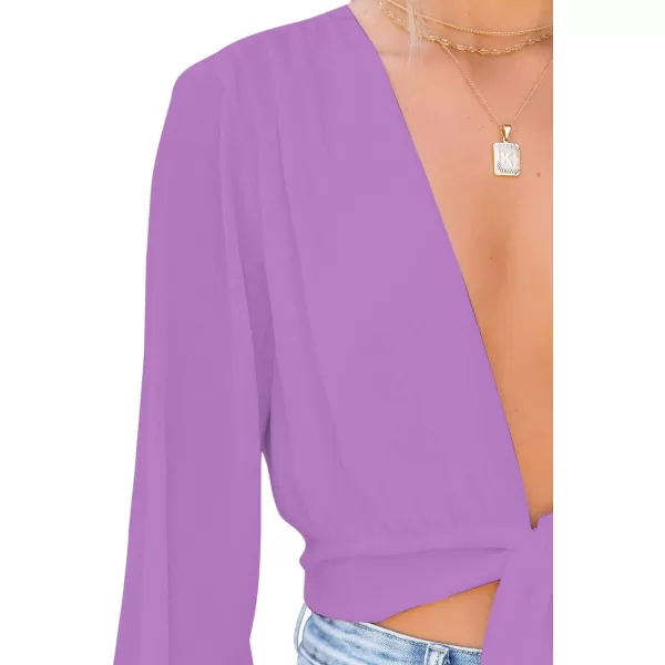 LYANER Women's Deep V Neck Tie Front Knot Long Sleeve Sexy Wrap Crop Top Blouse