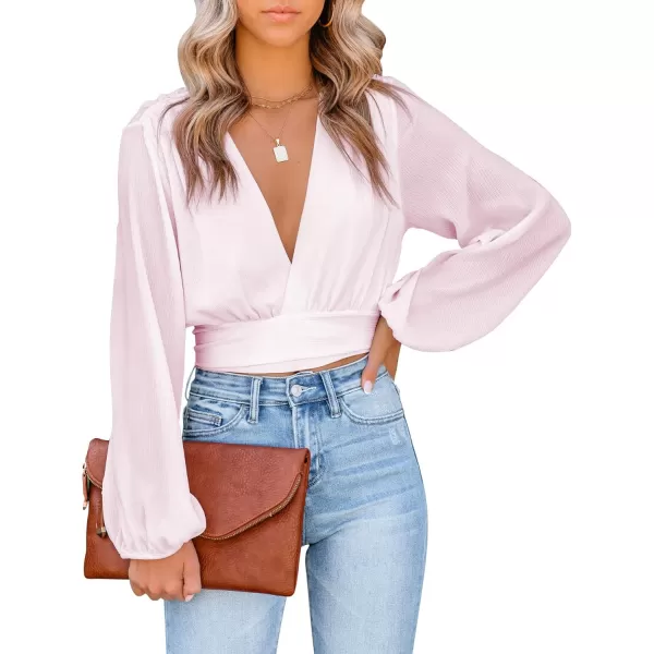 LYANER Women's Deep V Neck Tie Front Knot Long Sleeve Sexy Wrap Crop Top Blouse
