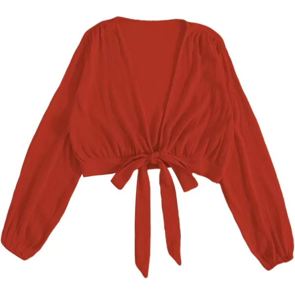 LYANER Women's Deep V Neck Tie Front Knot Long Sleeve Sexy Wrap Crop Top Blouse