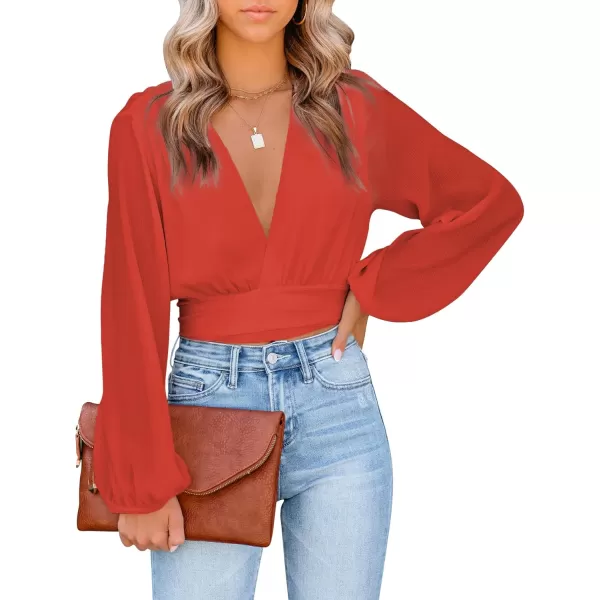 LYANER Women's Deep V Neck Tie Front Knot Long Sleeve Sexy Wrap Crop Top Blouse